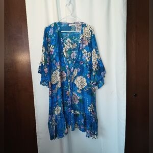Johnny Was Blue Dove Ruffle Kimono 2X Silk Blend Bohemian Festival Hippie Artsy